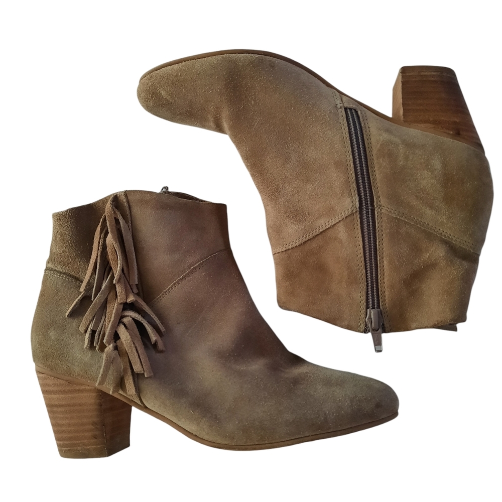 Diba Suede Leather Fringe Tan Booties - Picture 4 of 11